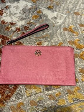 Michael Kors Pink Pebbled Leather Wristlet Clutch with Gold MK Logo